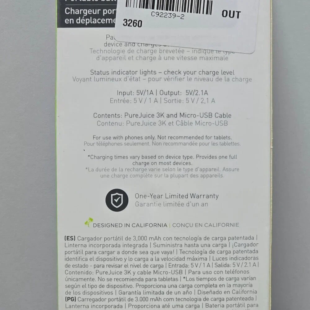 PureGear Pure Juice 3,000mah Rechargeable Battery Pack Black and Flashlight NIB